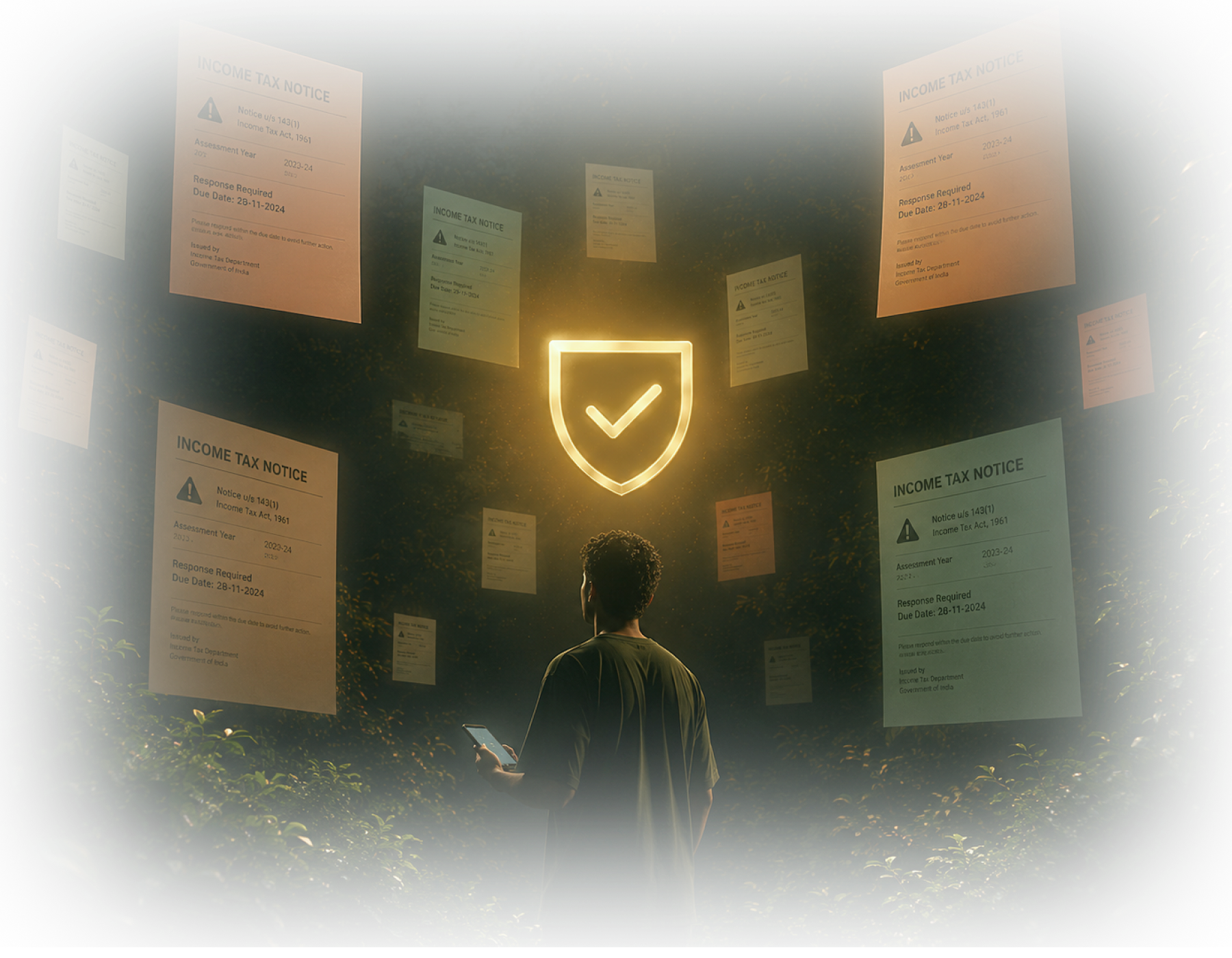 Person surrounded by floating notice papers, protected by a glowing shield